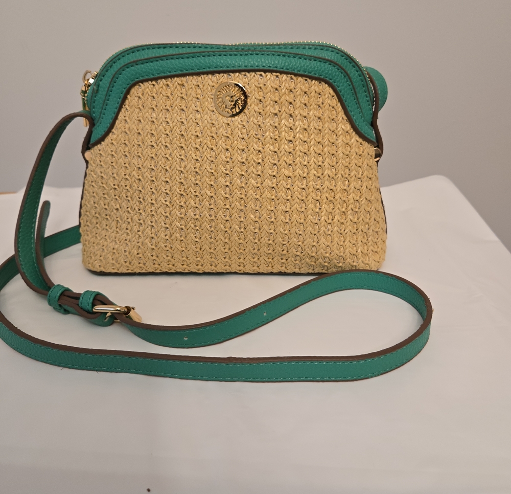 Anne Klein Woven Straw & Green Leather Trim Handbag – Pre‑Loved
